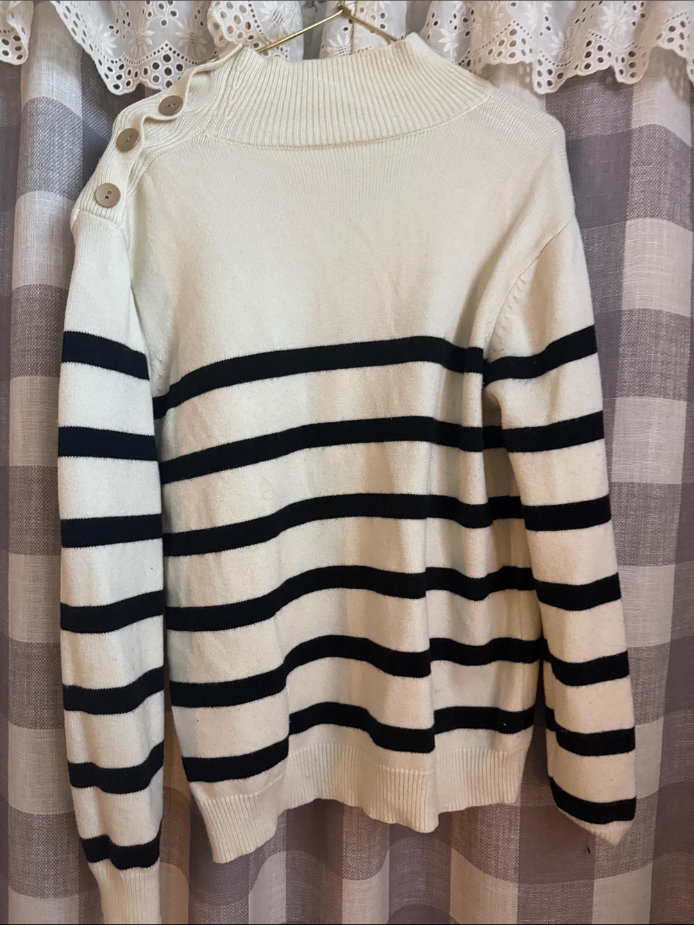 Cream and Black Striped Button-Shoulder Sweater